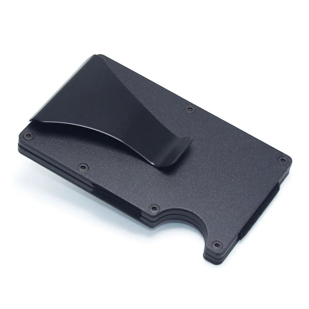 Geometric carbon fibre and aluminium slim card holder wallet in multiple colour options on a table.
