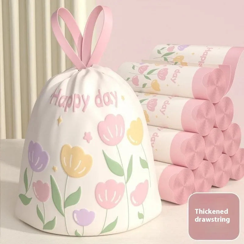 Pink degradable drawstring garbage bag with argy wormwood mosquito repellent, size 44cm by 48cm.