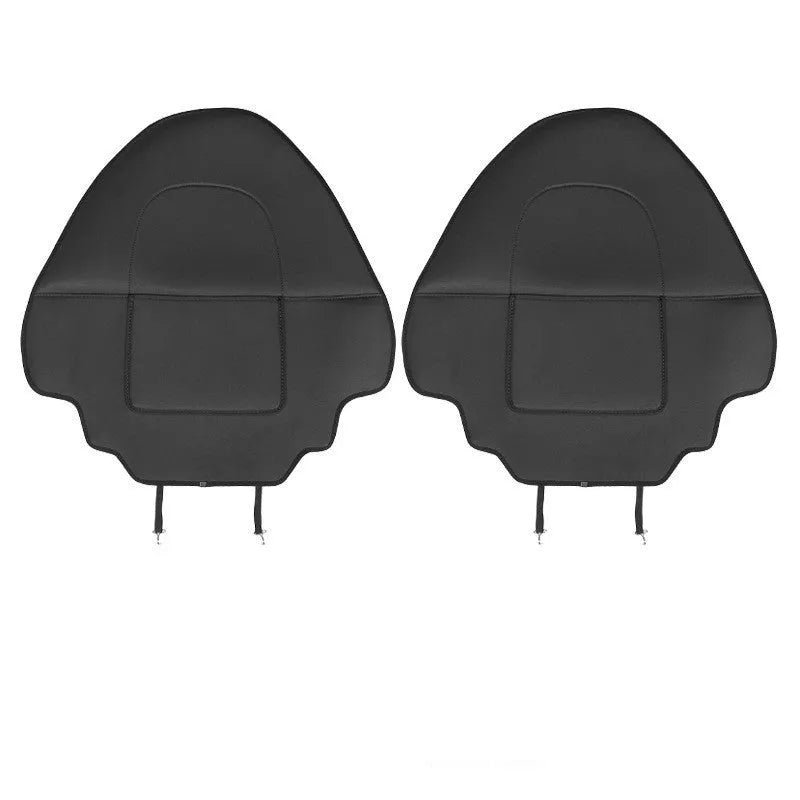 Black leather rear anti kick pad for car seat protection, showing single pocket and full coverage design