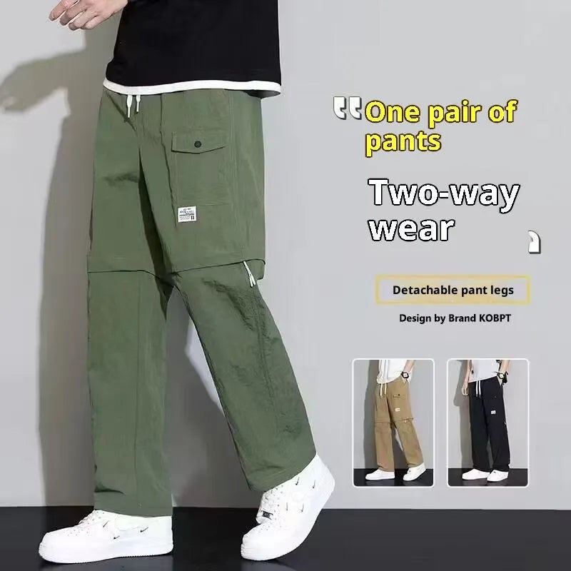 Men's 2-in-1 detachable overalls in khaki, convertible to cargo pants with drawstring waist and multiple pockets
