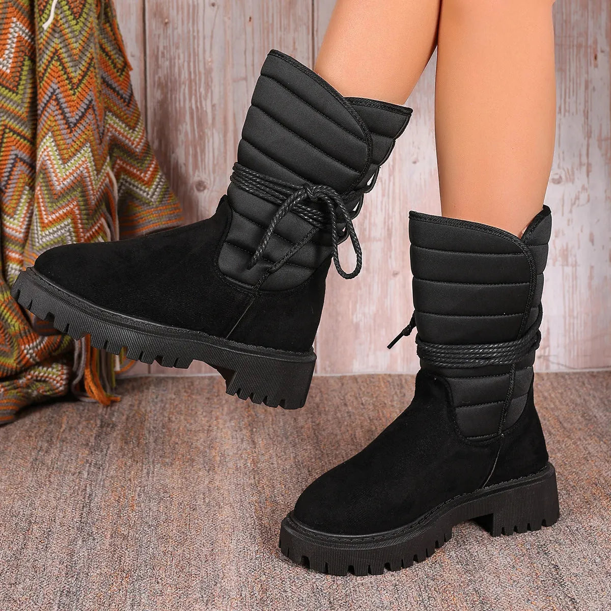 Women's black suede chunky heel snow boots with lace-up high-top and fleece lining.
