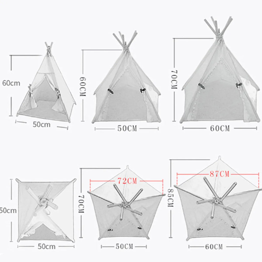 White and yellow striped flax linen pet teepee tent with cushion for small dogs or cats.