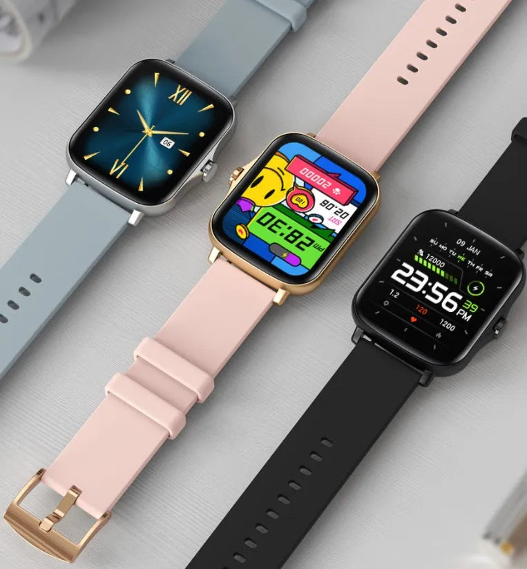 Blue smart sports watch with 1.7-inch colour touch screen on adjustable strap showing fitness data interface.