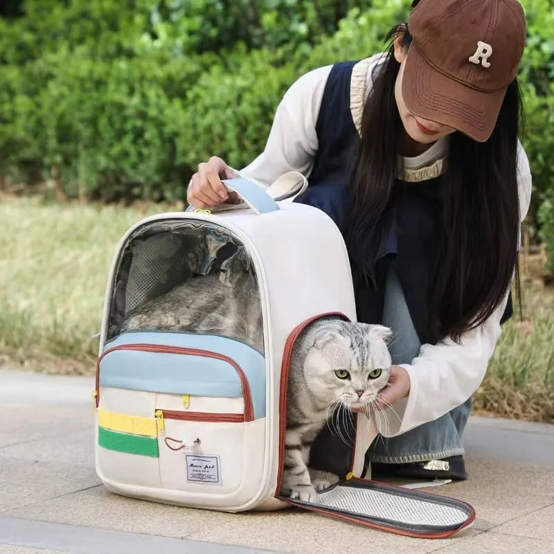 New fashion pet bag in Oxford cloth with colour-matching pattern, shown as a backpack and handbag for cats and dogs