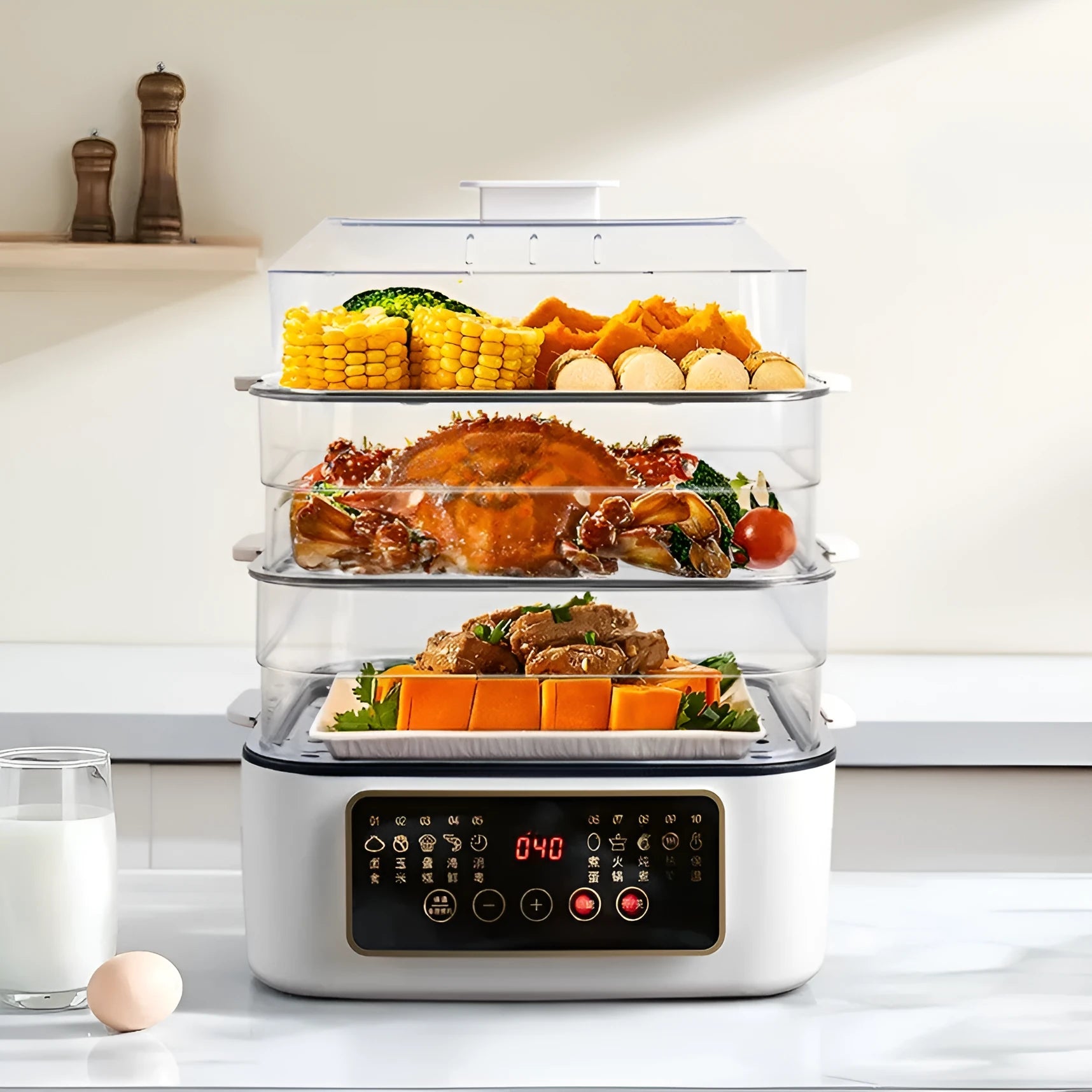 28L stainless steel electric food steamer with steaming rack and PP liner