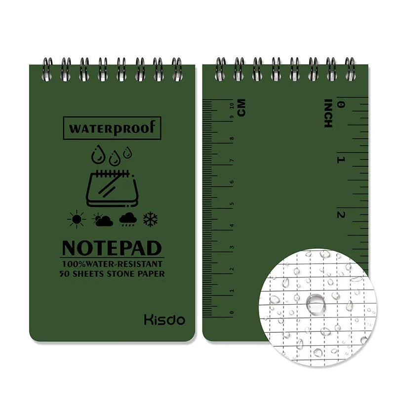 Waterproof spiral bound notepad with camouflage cover and stone paper pages