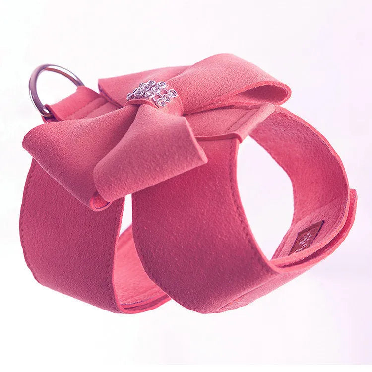 Adjustable microfiber dog chest strap shown in pink, blue, and orange colour options.