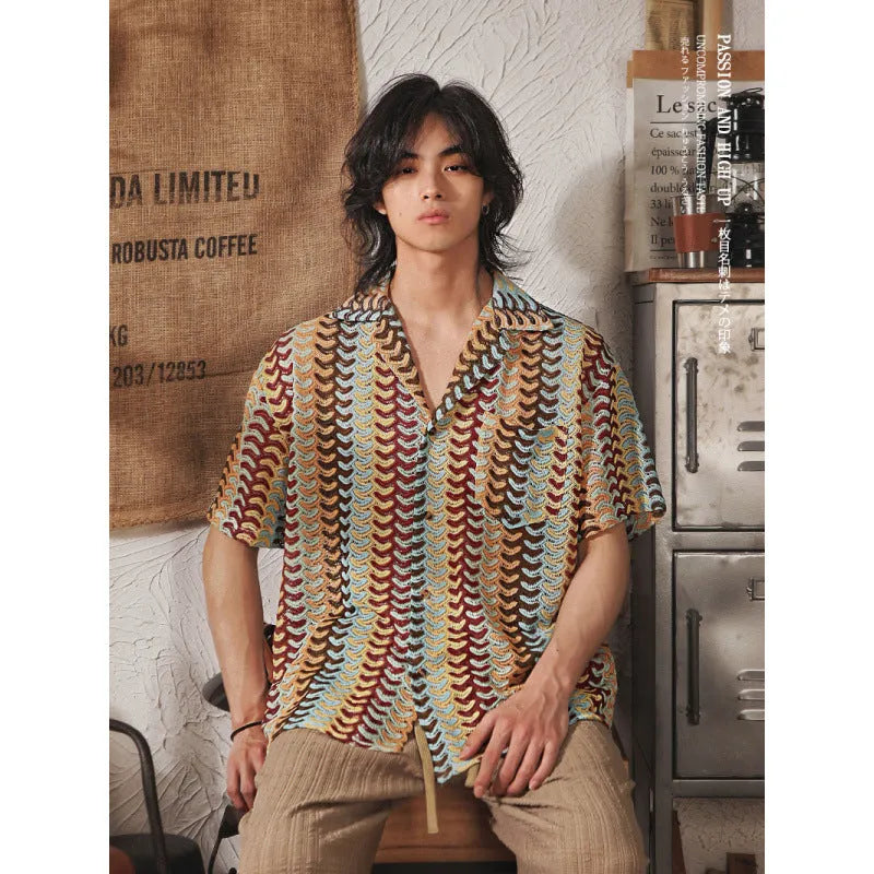 Grey Japanese style men's shirt with Cuban collar, jacquard texture, and short sleeves.