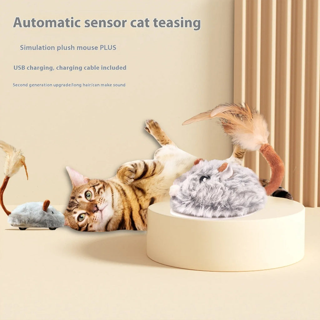 Rechargeable electric cat pole toy with a pink plush mouse on a stand.