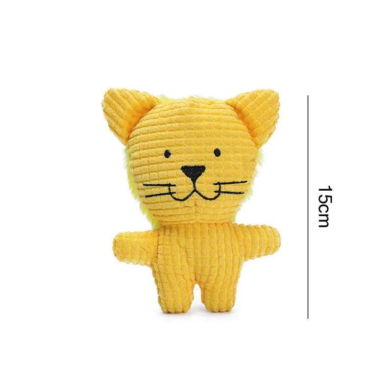 Animal shaped plush dog chew toy with squeaker in blue, brown, cow, grey, pink, white or yellow