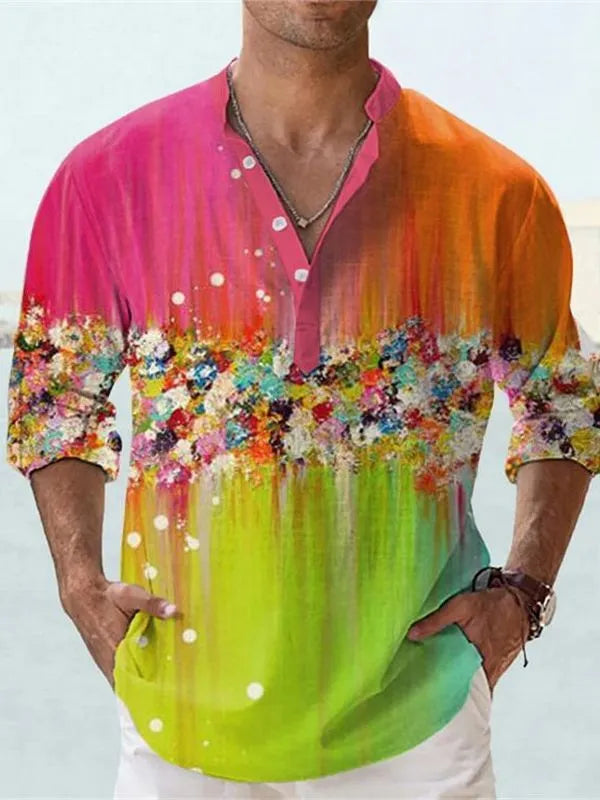 British style short sleeve shirt with stripe pattern from 3D digital thermal transfer printing on bamboo hemp fabric.