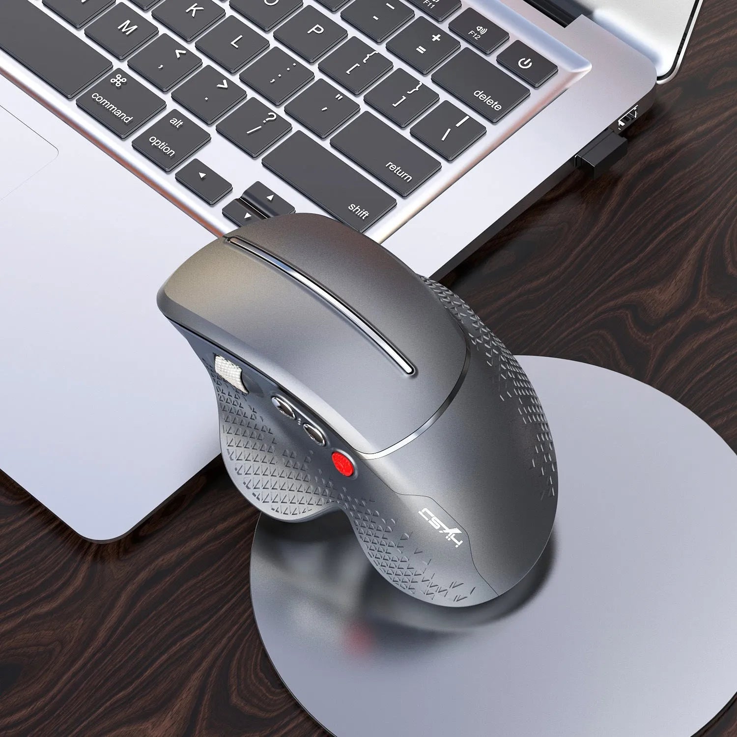 T32 wireless vertical ergonomic mouse in black matte finish showing aluminium side roller and vertical design
