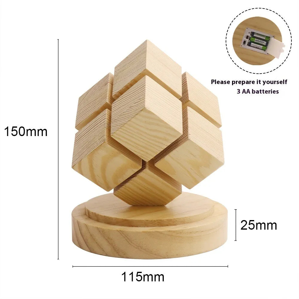 Creative fourth-order Rubik's Cube geometric stereo night lamp with rubber wood shade on bedside table