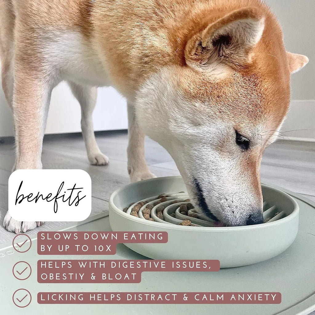 Silicone slow feeder dog bowl with textured ridges, shown in beige colour