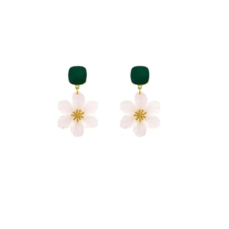 Dark green alloy earrings with needle flowers design and sterling silver-style finish