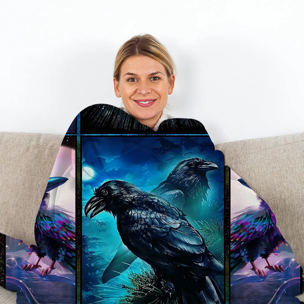 Flannel colourful raven print soft multifunctional throw blanket in multicoloured size options