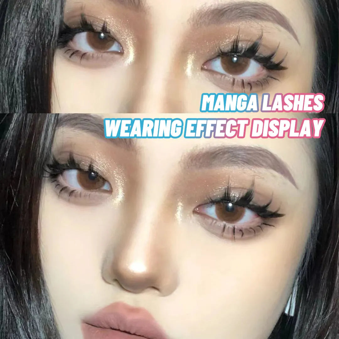 Pack of manga anime style false eyelashes showing three natural wispy designs for Korean makeup and cosplay