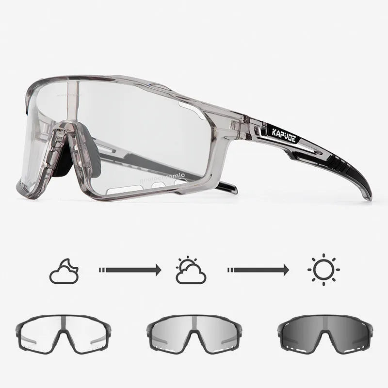 Photochromic cycling sunglasses with a semi-rimless TR90 frame shown in one of fourteen colour options.