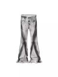 White mid-waist cotton denim jeans with heavy selvedge detailing and black ribbon gradient across legs