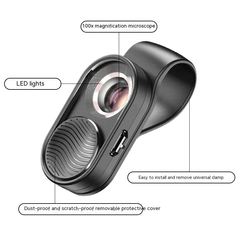Black mobile magnification microscope clipped to smartphone with six LED lights illuminated, 100x lens, Micro USB charging port visible