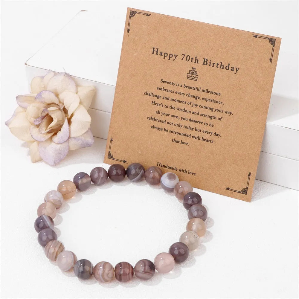 Handmade natural stone bead elastic string bracelet with birthday card, unisex geometric circle design, 17cm size