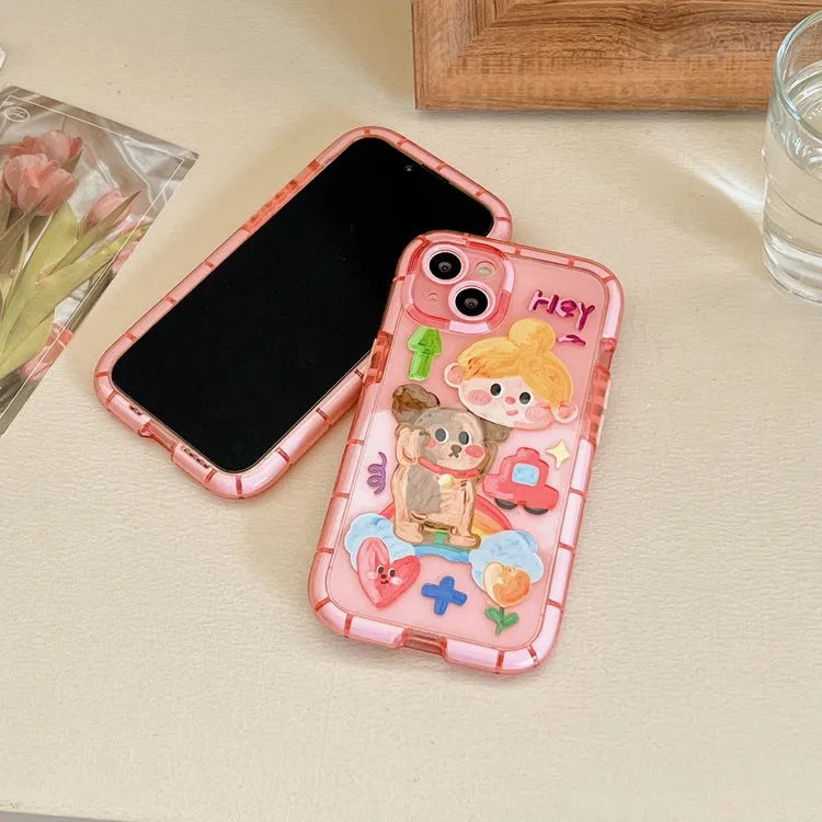 Cute oil painting dog phone case in pink with rainbow bear design for Apple iPhone