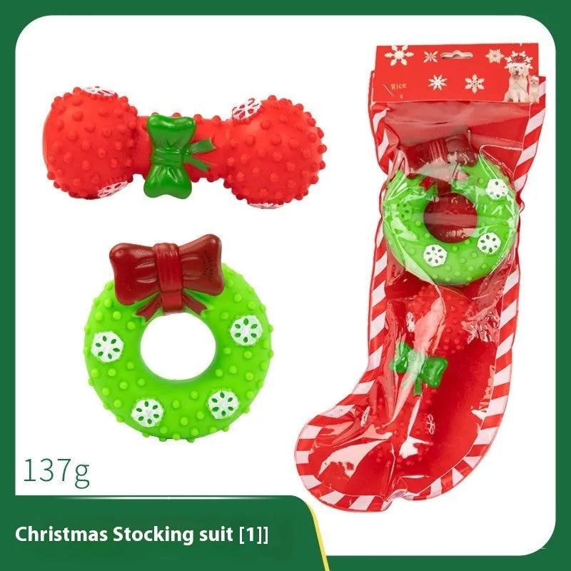 Christmas dog toy gift sets in vinyl with seven festive design options for bite-resistant chewing