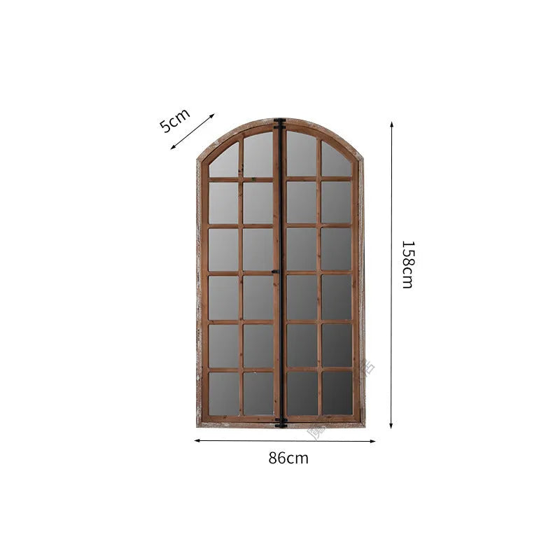 Terrace distressed fake window wall mirror with log colour finish and wooden glass construction