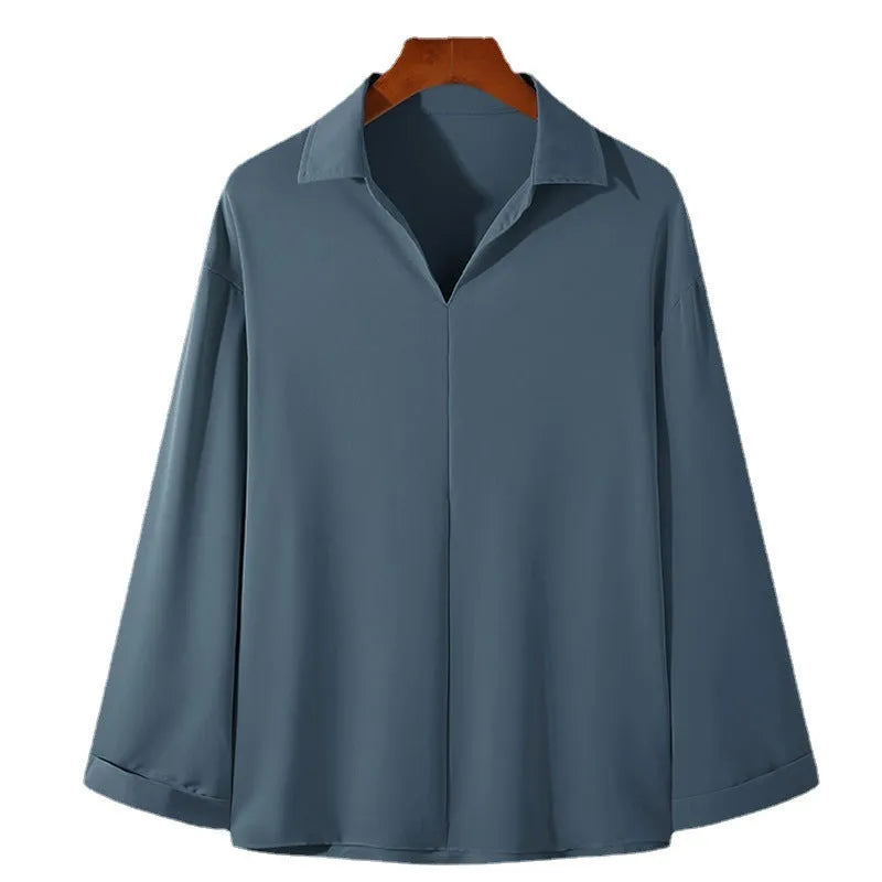 Men's loose lapels casual shirt in polyester fabric showing non-ironing properties and solid colour options