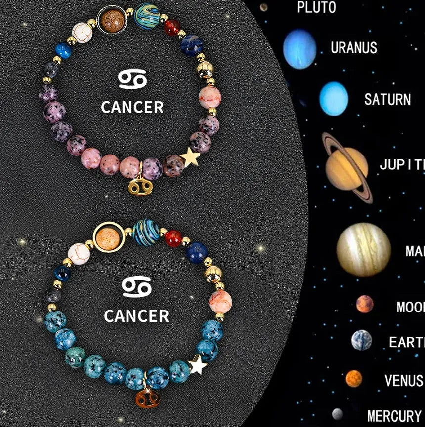 Natural stone zodiac beaded bracelet set showing two matching bracelets with astrology-themed design