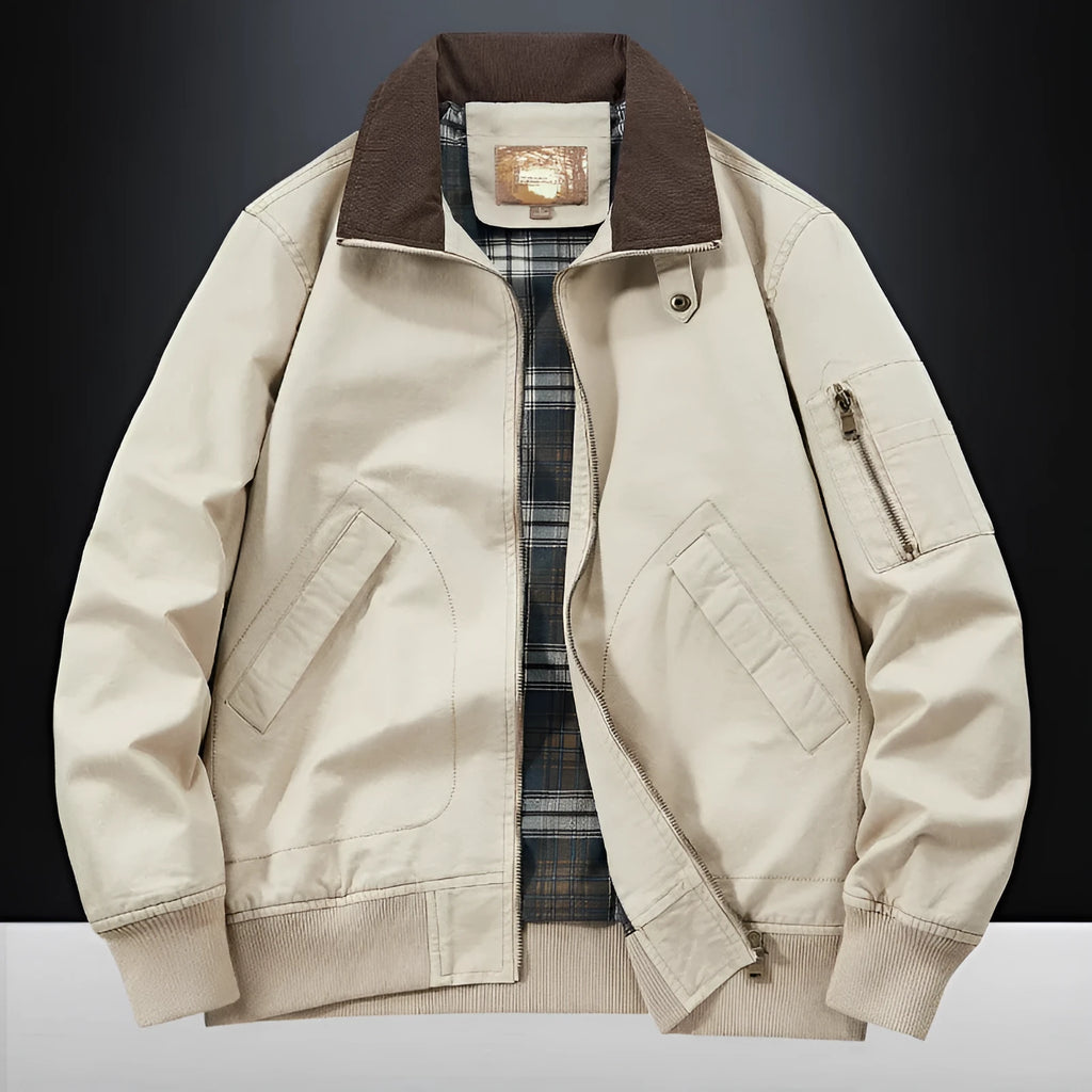 Men's plus size washed cotton baseball flight jacket shown in army green colour.