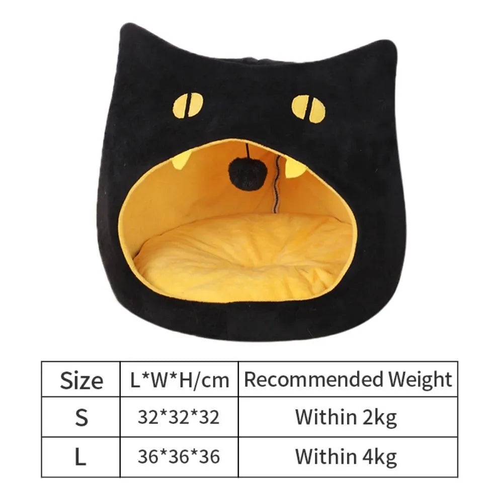 Soft warm cat bed in cat shape design with anti-slip bottom, machine washable, available in S and L sizes.