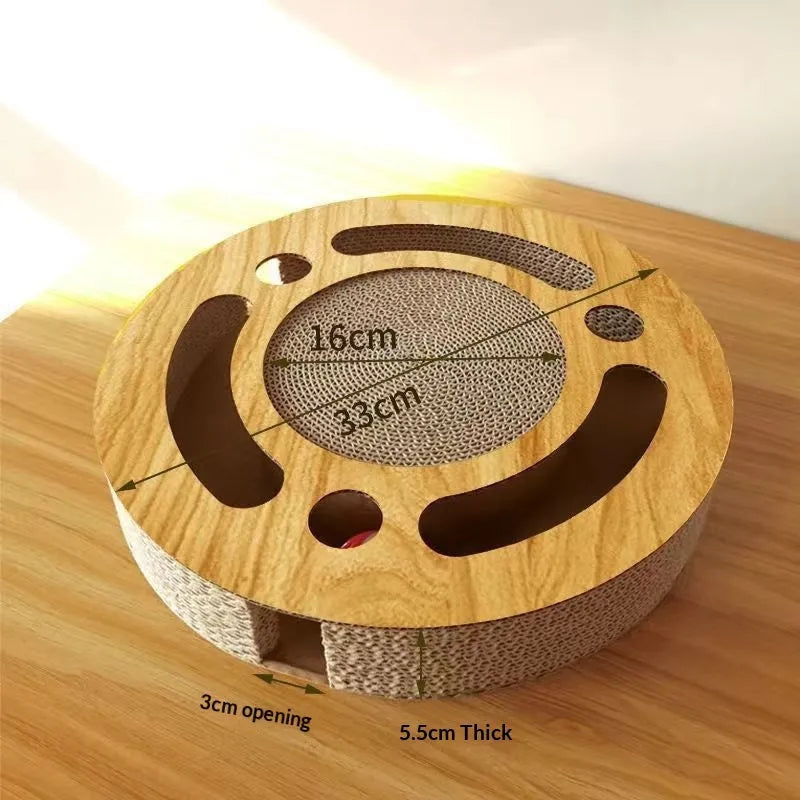 Grab And Play 2-in-1 cat scratch pad toy in round shape, made from paper, on floor