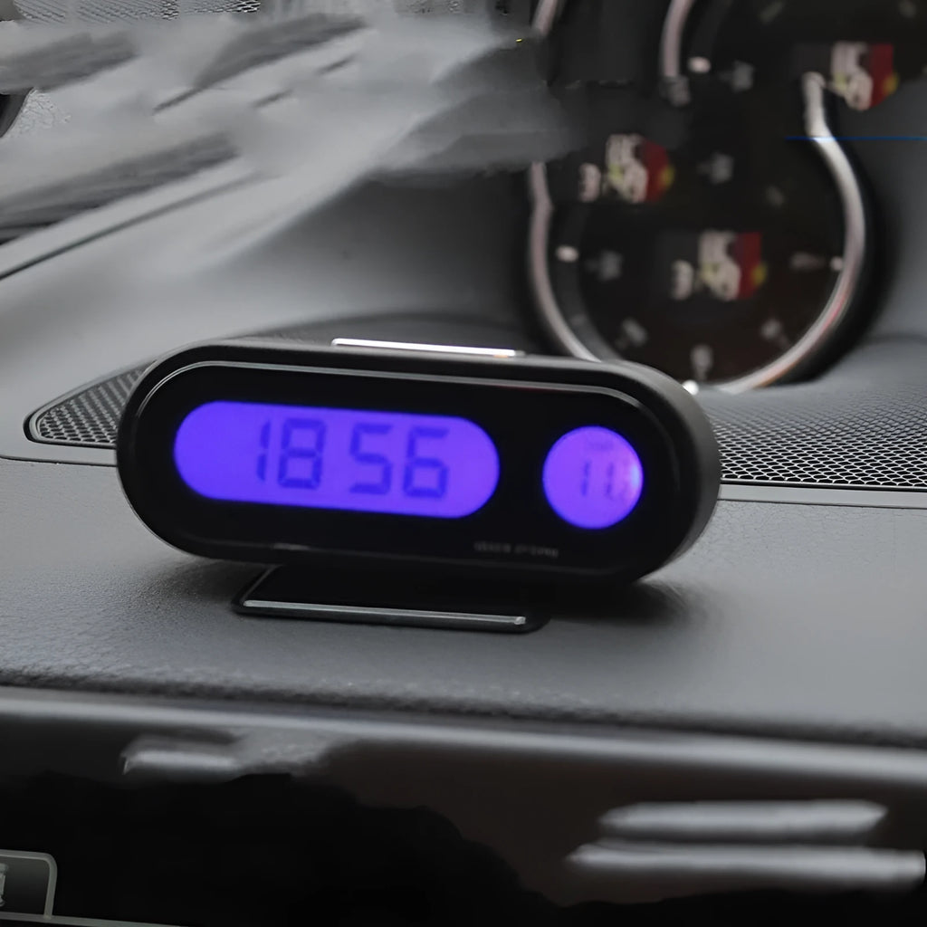Black car dashboard electronic clock and thermometer with LED display on adjustable bracket