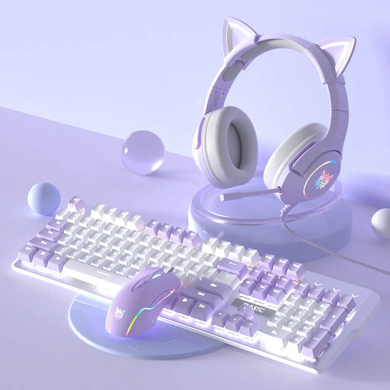 Purple and white mechanical keyboard, gaming mouse, and headset combo set with backlight on desk