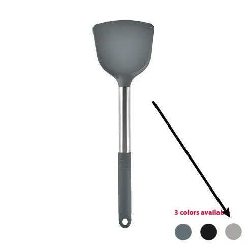 12 piece silicone kitchen utensil set with rotating storage bucket in black, dark grey or khaki colours