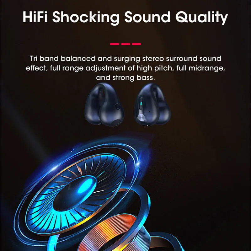 Clip-on bone conduction Bluetooth headset in black, white, or khaki colour with charging cable.