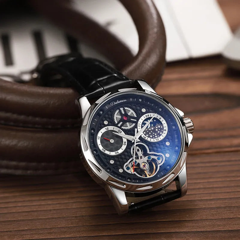 Men's waterproof automatic watch with luminous markers on a steel bracelet and a black dial.