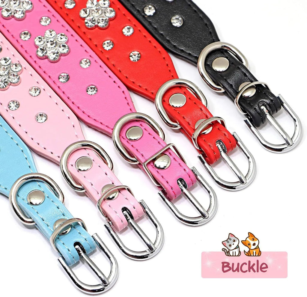 Black PU leather dog collar with sparkling rhinestone flower pattern and metal D-ring