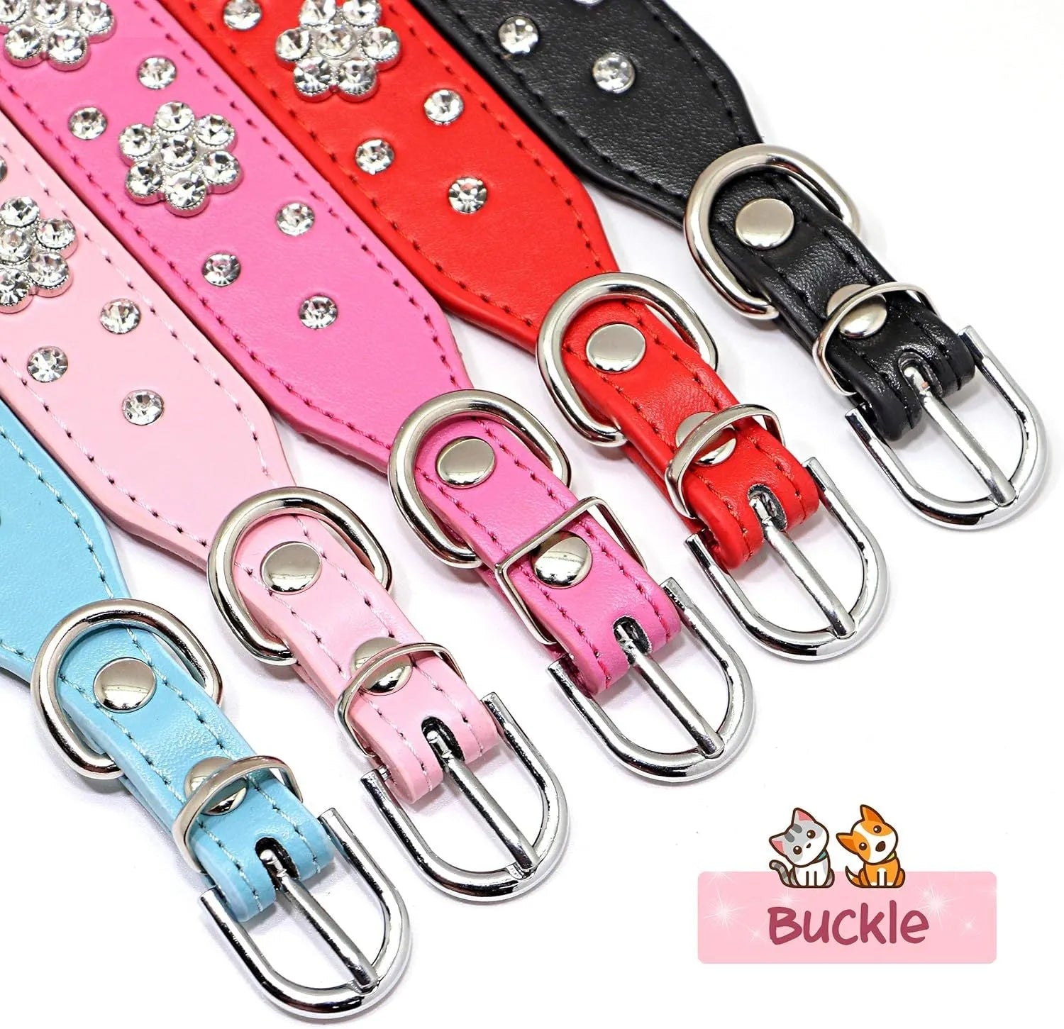 Black PU leather dog collar with sparkling rhinestone flower pattern and metal D-ring