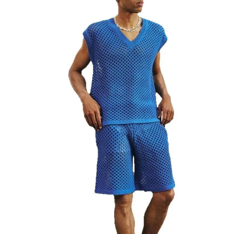 Men's blue knitted V-neck vest and matching shorts suit for summer sports