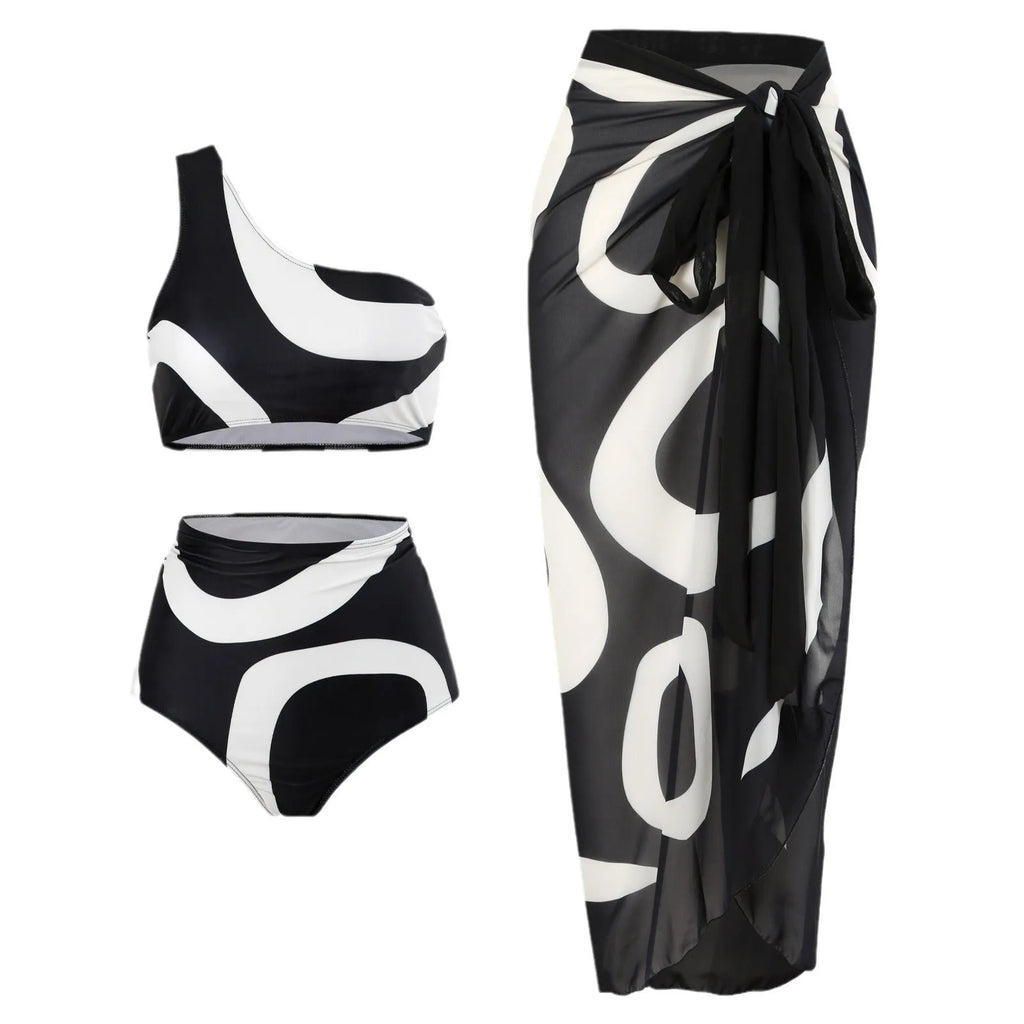 Women's two-piece swimsuit with one-shoulder top and wrap skirt in black nylon, sizes S to XL