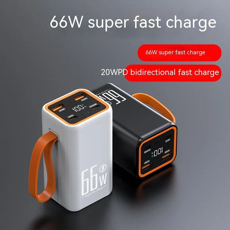 Black and white PD66W fast-charge 20000mAh portable power bank showing compact size.
