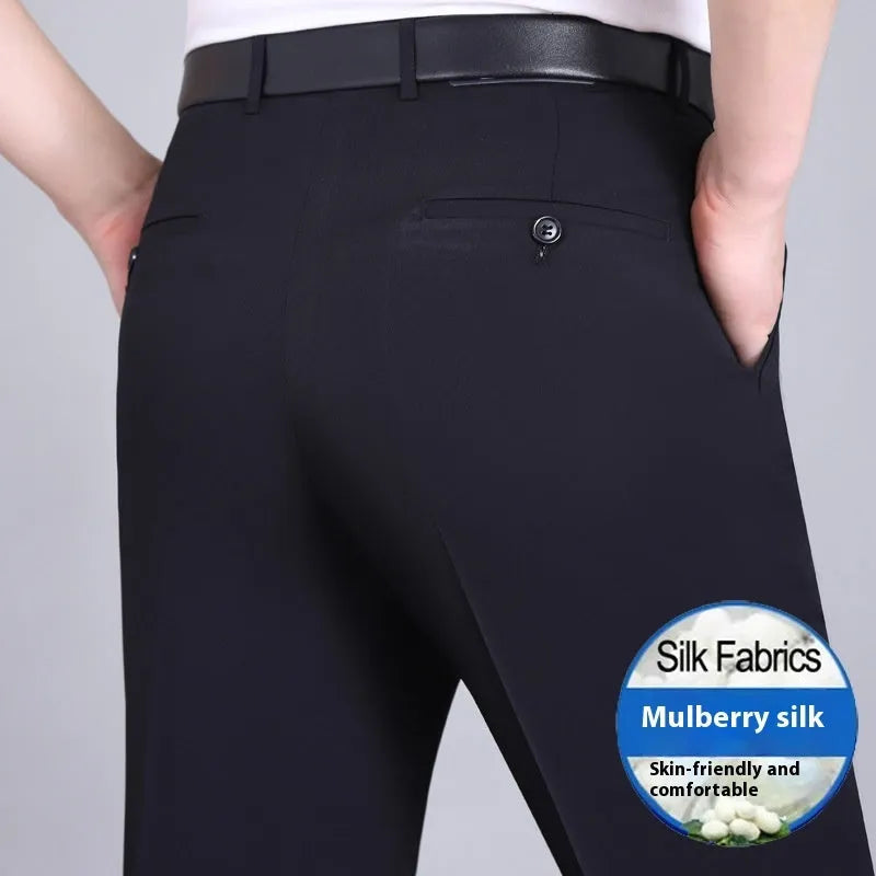 Men's dark blue straight-leg business trousers with a high waistband on a hanger.