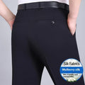 Men's dark blue straight-leg business trousers with a high waistband on a hanger.