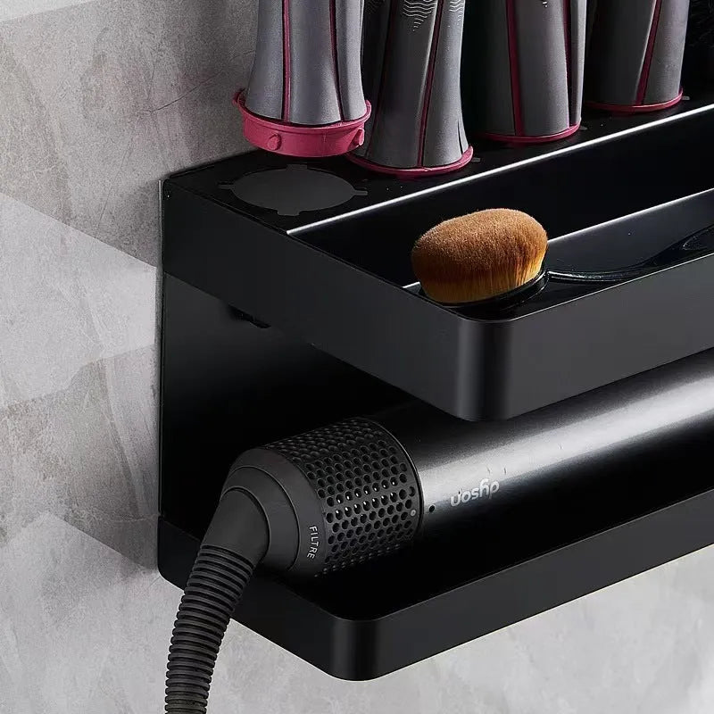 Aluminium punch-free bathroom storage rack holding 7 hair curlers in Marcel waver shape