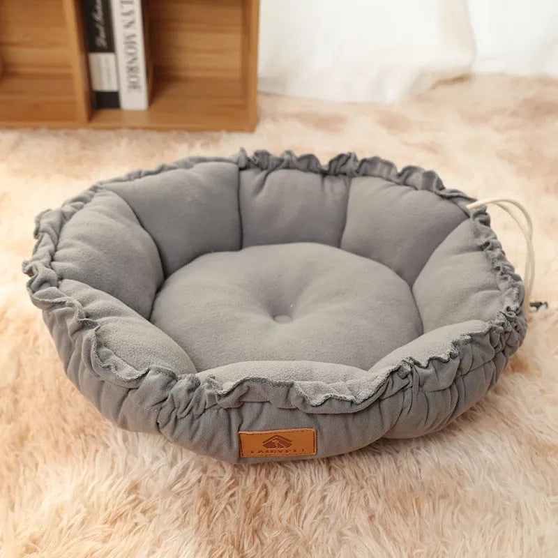 Grey and green reversible donut pet bed for cats and small dogs in three sizes
