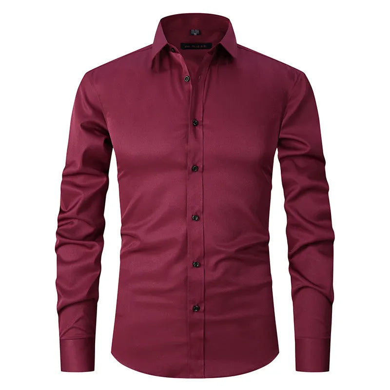 Men's stretch long sleeve polyester work shirt on a hanger, showing button front and long sleeves.