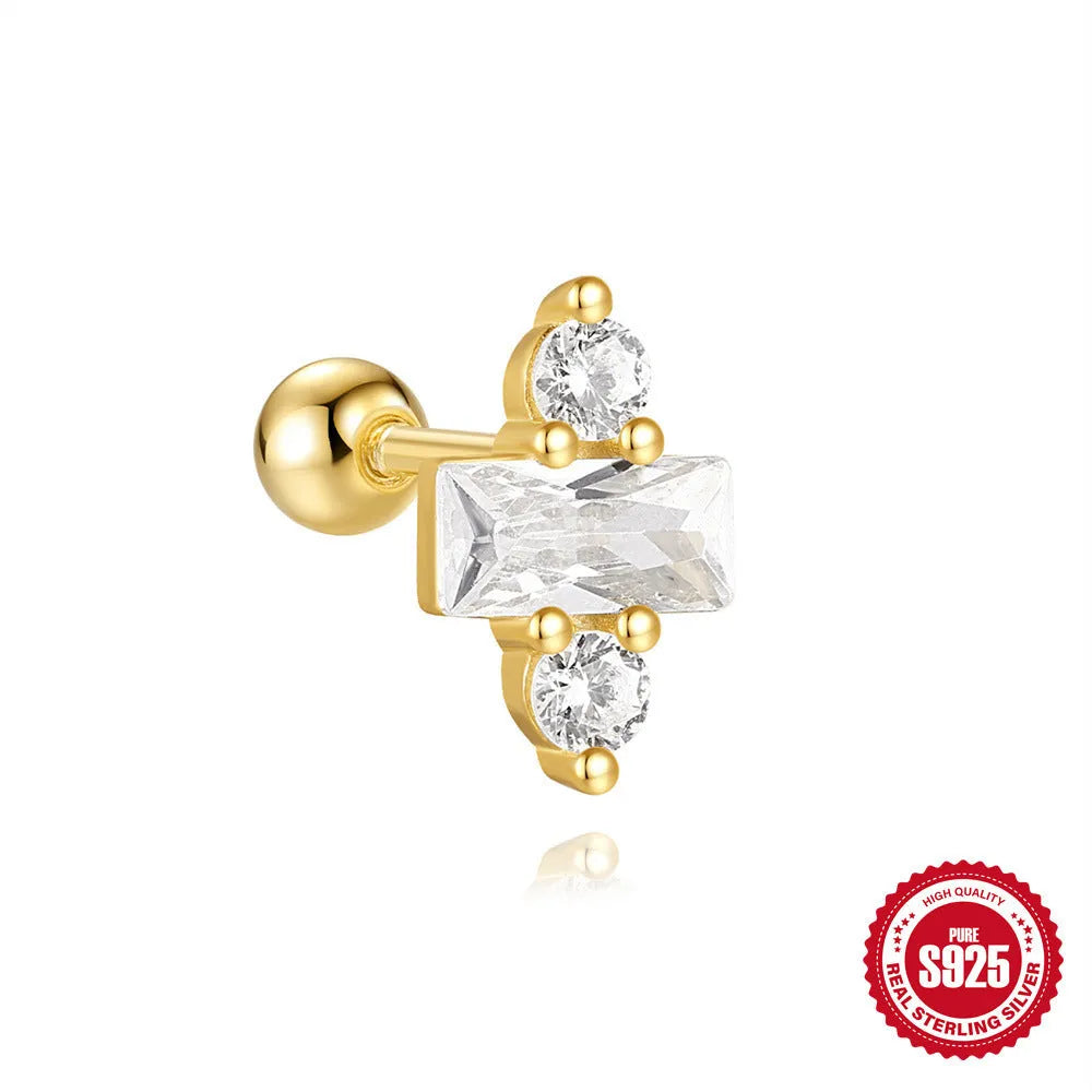 Close-up of S925 sterling silver square gravel flower stud earrings with a golden electroplated finish.