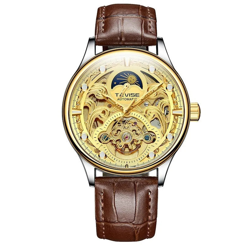 Men's gold leather strap automatic waterproof watch with 16mm thick case
